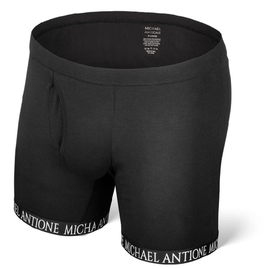 Image of black Michael Antione men's boxer briefs positioned as though they were being worn
